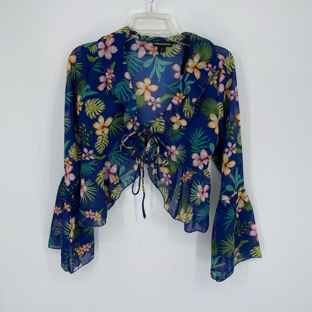 Thread Story Women's Blue Floral Tie Front Ruffle Chiffon Crop Top Size M
